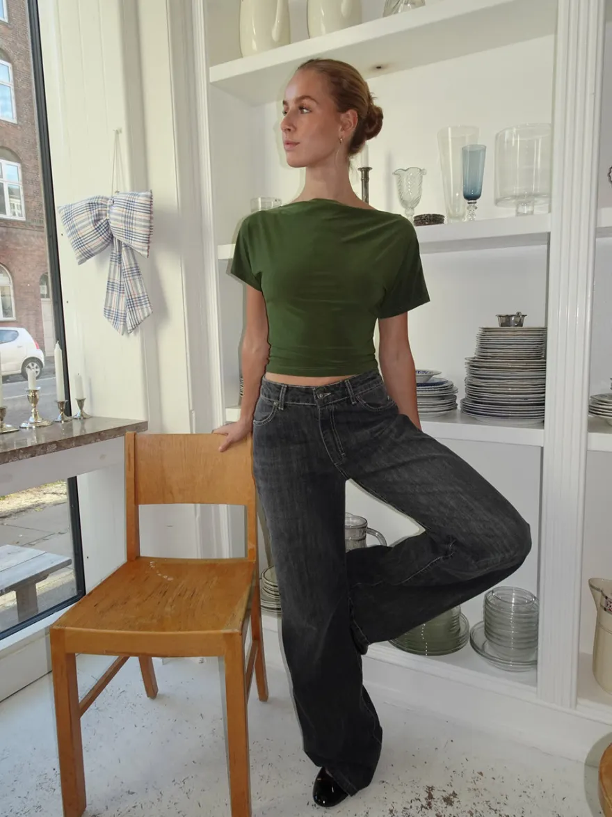Design By Si Alaia lavtaljede jeans med lyn detalje - Grå denim Clearance