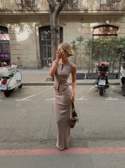 Design By Si Antonia nederdel med knapper - Beige