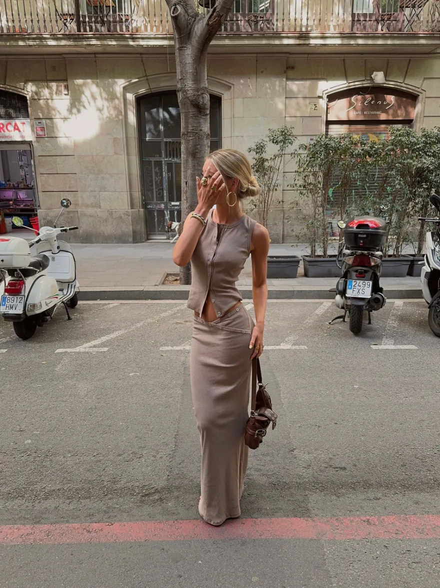 Design By Si Antonia nederdel med knapper - Beige