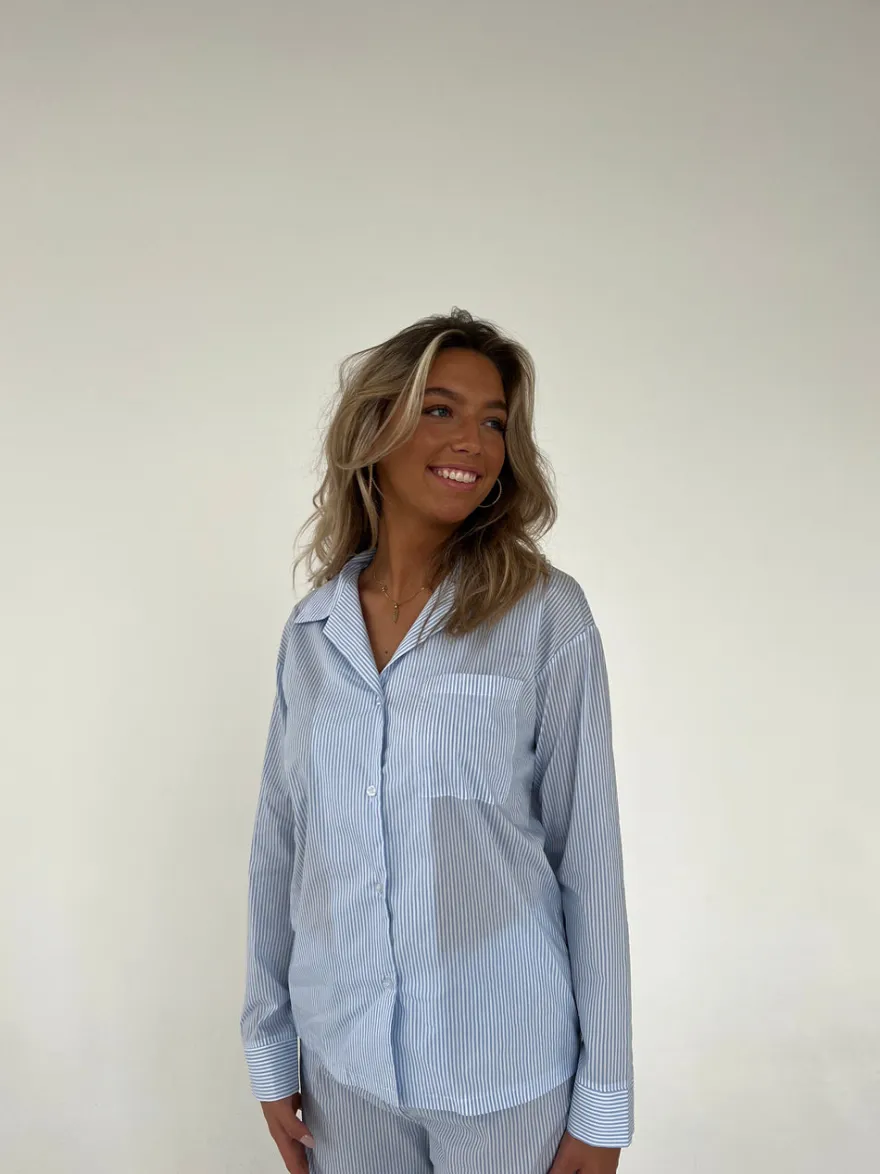Design By Si Avana pyjamasskjorte med striber - Blå/hvid Outlet