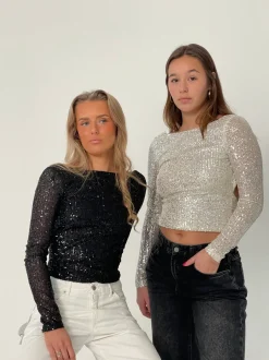 Design By Si Babette pallietbluse med åben ryg - Sort Online