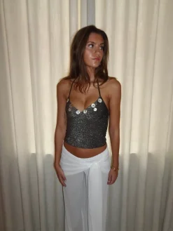 Design By Si Belina glittertop med knapper - Brun Discount