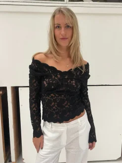 Design By Si Bodil langærmet bluse med blonder - Sort Clearance