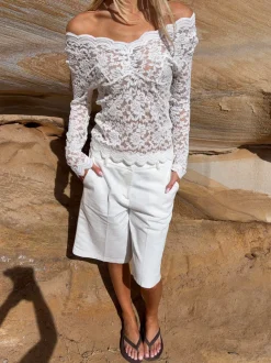 Design By Si Bodil langærmet bluse med blonder - Hvid Sale