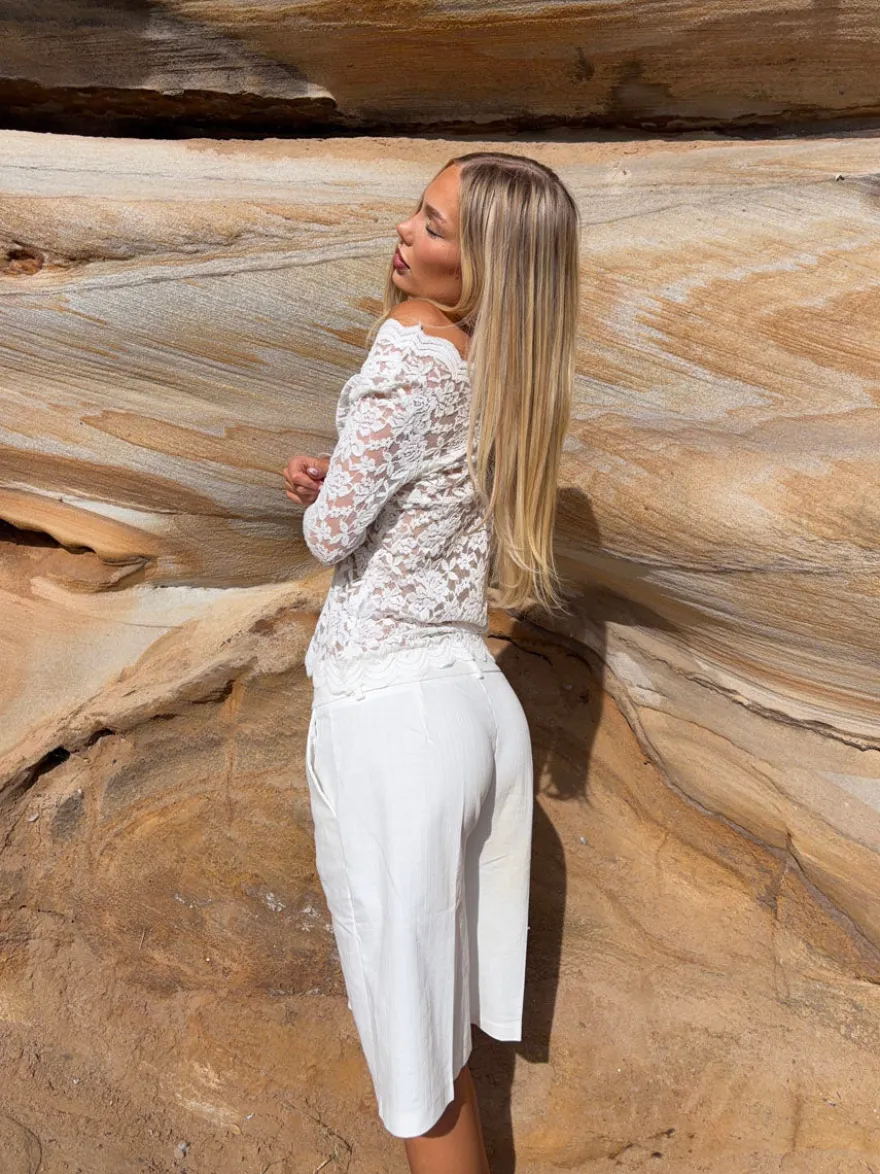 Design By Si Bodil langærmet bluse med blonder - Hvid Sale