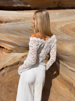 Design By Si Bodil langærmet bluse med blonder - Hvid Sale