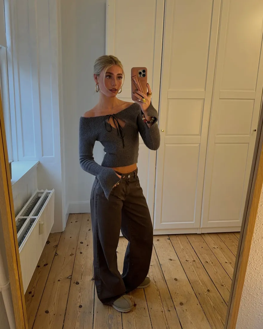Design By Si Brooke strikket bluse med bindebånd - Gråbrun Outlet