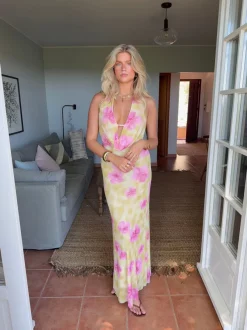Design By Si Columbine maxikjole - Gul med pink blomster Discount