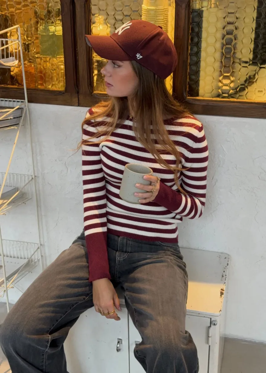Design By Si Dahlia bluse med striber - Vinrød/hvid Best