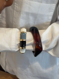 Design By Si Ebony armbånd med striber - Sort/blågrå/hvid/guld Discount