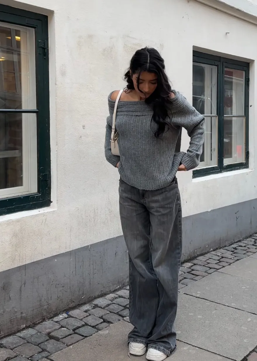 Design By Si Elinor off shoulder strik - Grå New