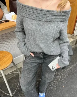 Design By Si Elinor off shoulder strik - Grå New