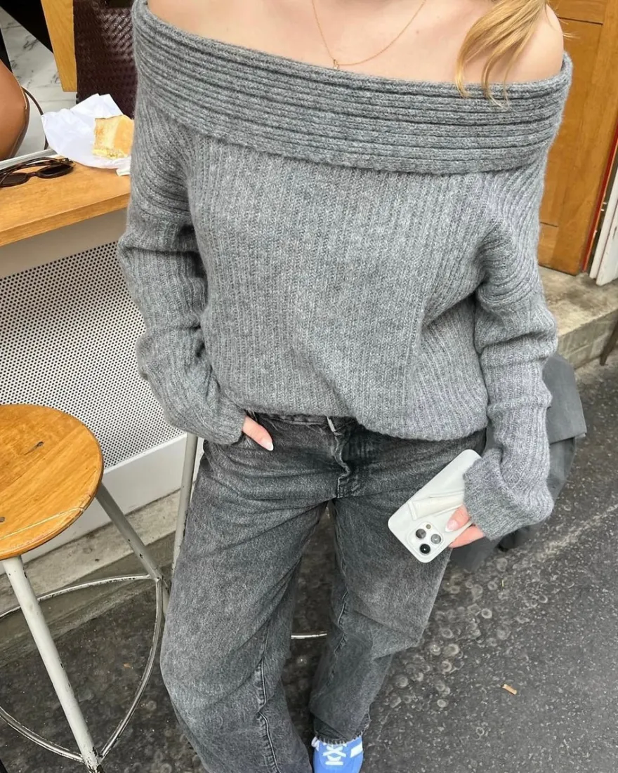 Design By Si Elinor off shoulder strik - Grå New