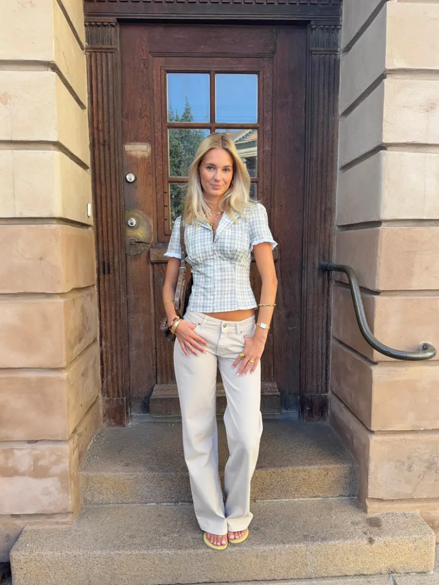 Design By Si Emmaline lavtaljede jeans - Lys beige Discount