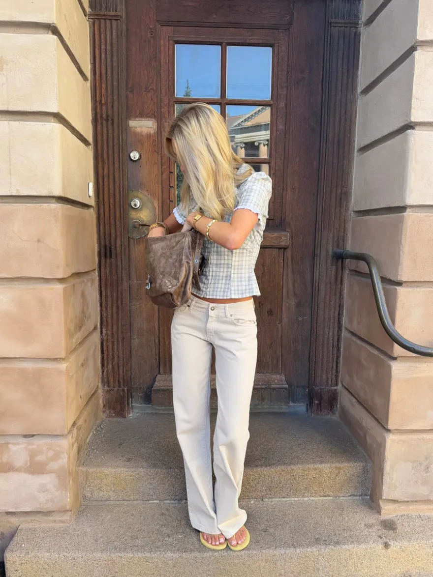 Design By Si Emmaline lavtaljede jeans - Lys beige Discount