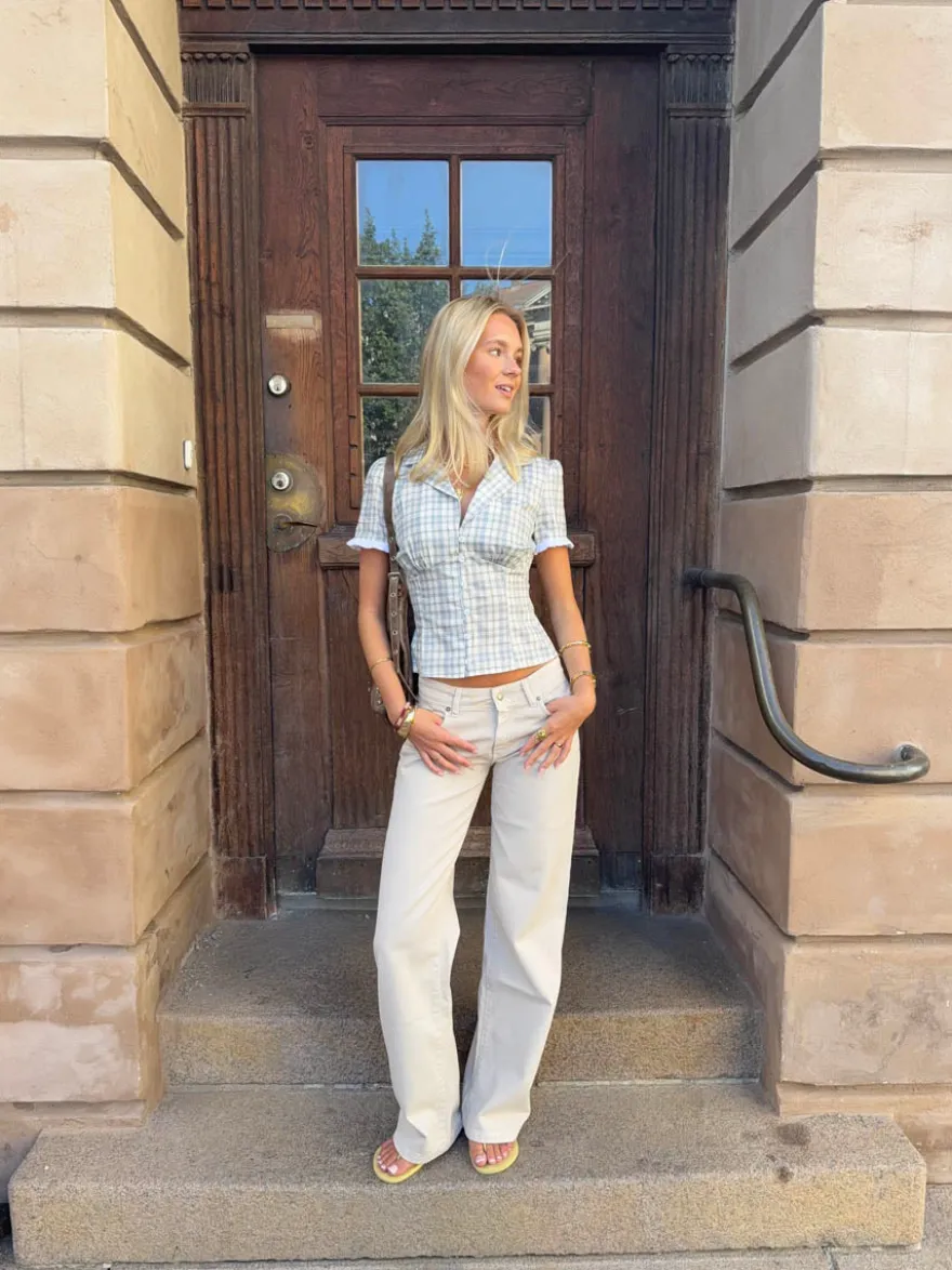 Design By Si Emmaline lavtaljede jeans - Lys beige Discount