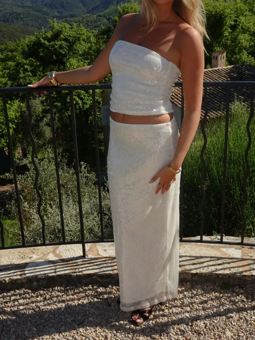 Design By Si Emna maxinederdel med pallietter - Hvid Hot