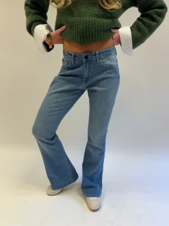 Design By Si Flared star jeans med navy stjerne - Lys denim Clearance