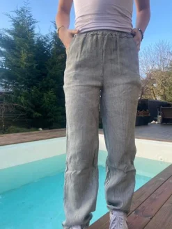 Design By Si Hilja stribet hør bukser - Kaki Best