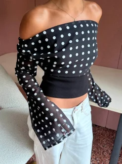 Design By Si Kimmie langærmet bluse med polkaprikker - Sort/hvid Sale
