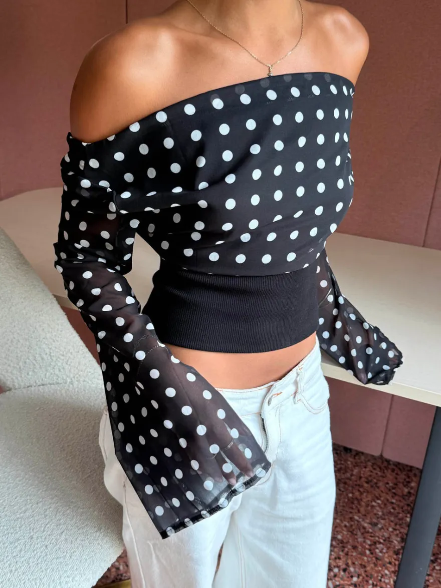 Design By Si Kimmie langærmet bluse med polkaprikker - Sort/hvid Sale