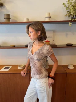Design By Si Leonorita top med ternet mønster - Beige/brun Best