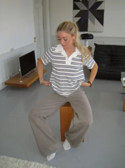 Design By Si Line polo med striber - Hvid/beige/navy Discount
