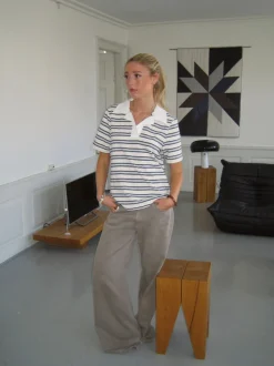 Design By Si Line polo med striber - Hvid/beige/navy Discount