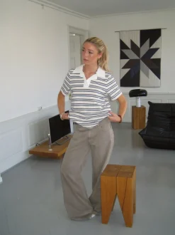Design By Si Line polo med striber - Hvid/beige/navy Discount