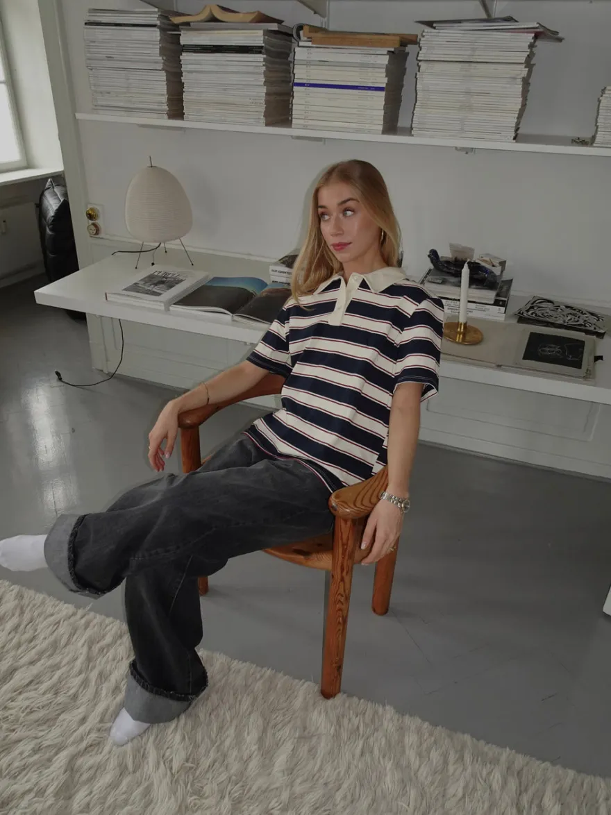 Design By Si Linna polo med striber - Navy/beige/rød