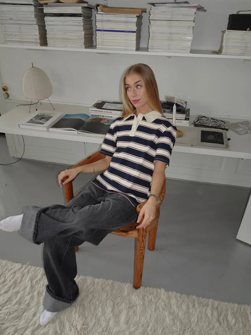 Design By Si Linna polo med striber - Navy/beige/rød