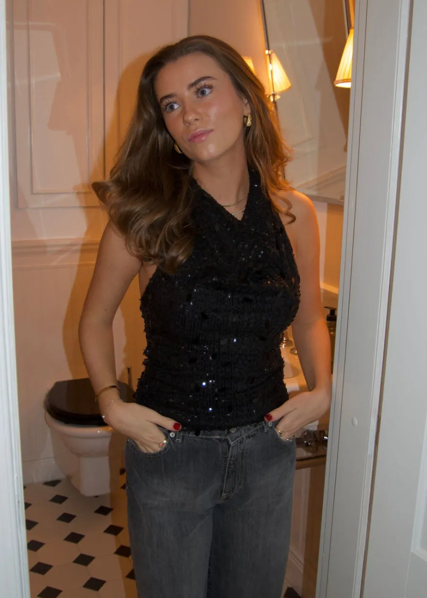 Design By Si Lovinia top med pallietter - Sort Discount