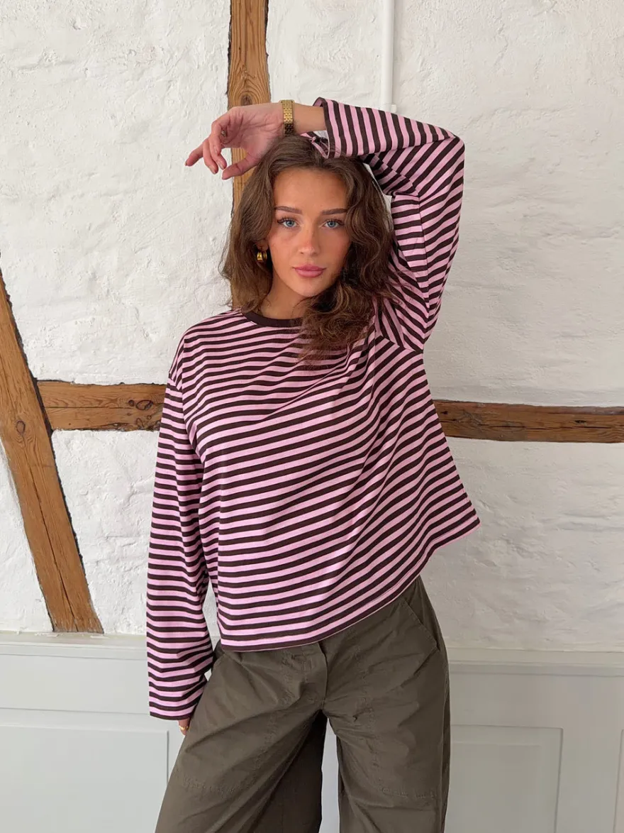 Design By Si Main character energy bluse med striber - Pink/brun/gul Hot