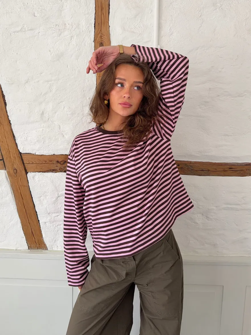 Design By Si Main character energy bluse med striber - Pink/brun/gul Hot