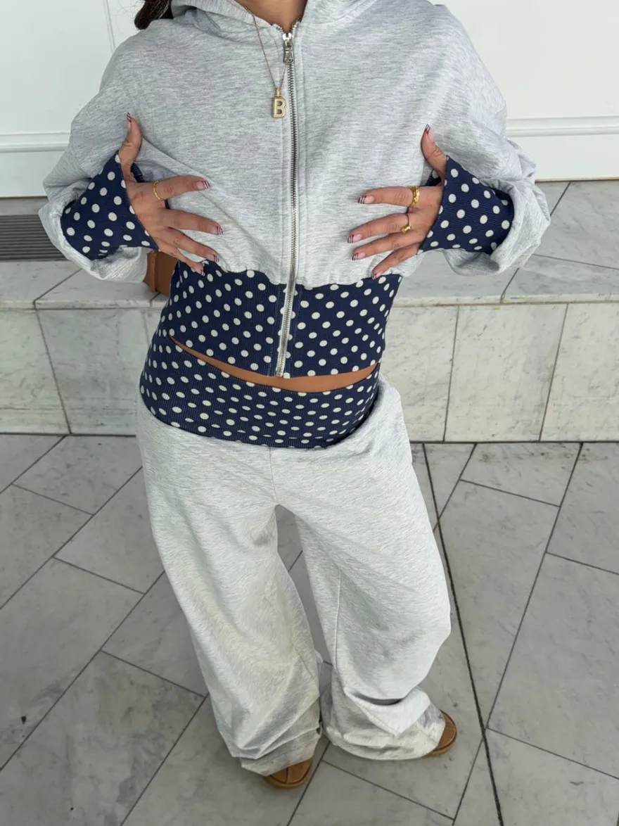Design By Si May sweatpants med polkaprikker - Grå/navy/hvid
