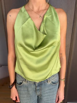 Design By Si Milena halterneck top i satin - Grøn Online