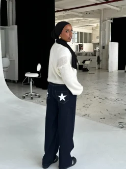 Design By Si Oversized stjerne jeans - Hvide stjerner Sale