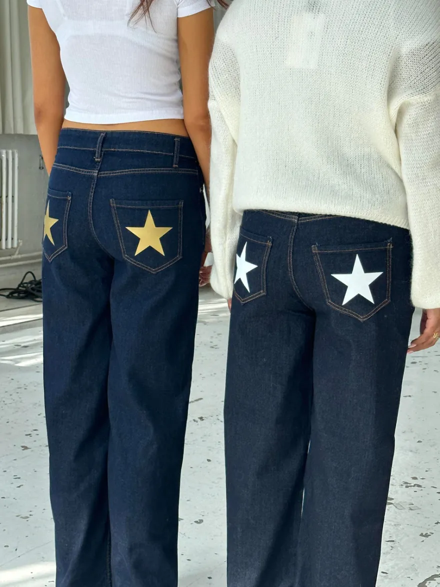 Design By Si Oversized stjerne jeans - Hvide stjerner Sale