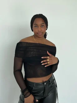 Design By Si Romee mesh off-shoulder bluse Outlet