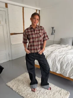 Design By Si Ryder ternet skjorte med korteærmer - Rød/brun/hvid Hot