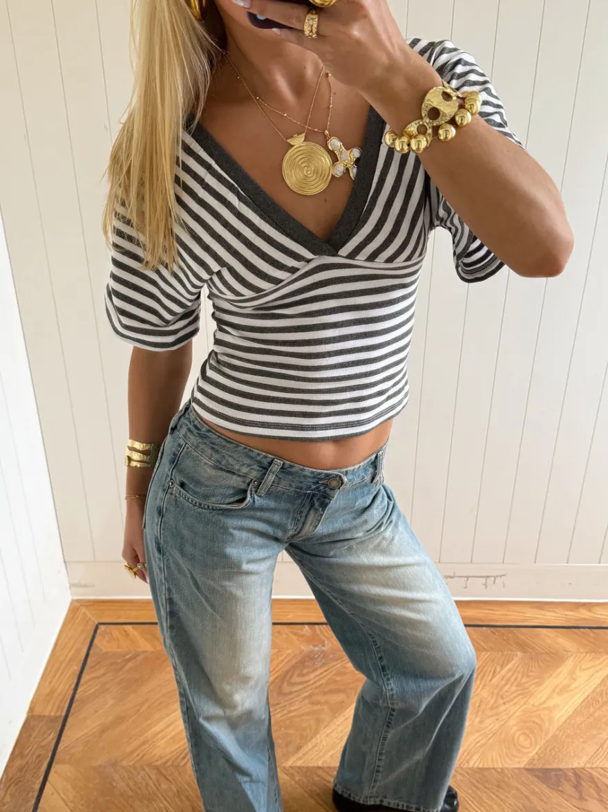 Design By Si Scandivv bluse med striber - Grå/hvid Clearance