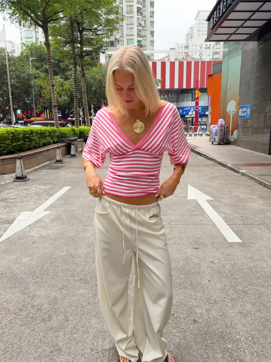 Design By Si Scandivv bluse med striber - Pink/hvid Discount