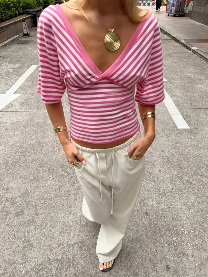 Design By Si Scandivv bluse med striber - Pink/hvid Discount
