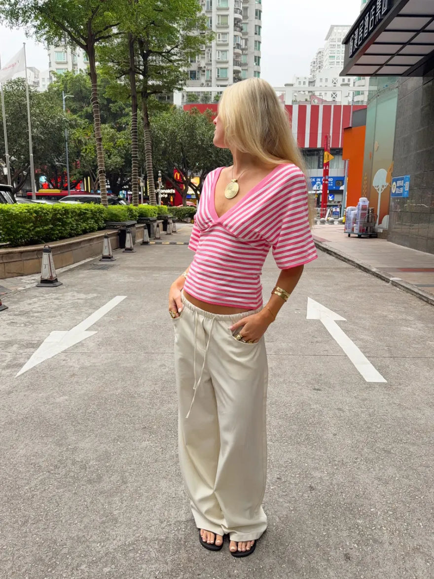 Design By Si Scandivv bluse med striber - Pink/hvid Discount