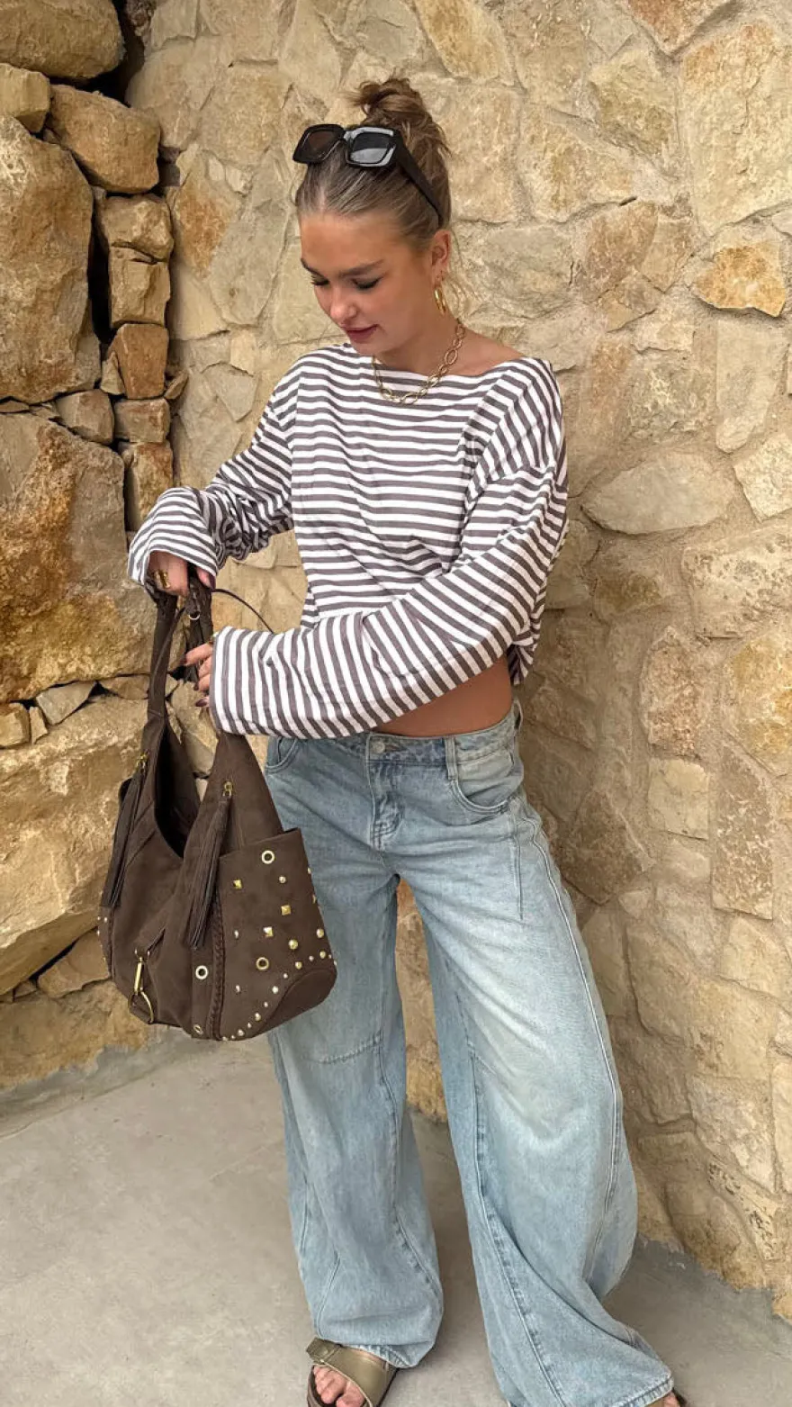 Design By Si Scandivv bluse med striber - Taupe/hvid Outlet