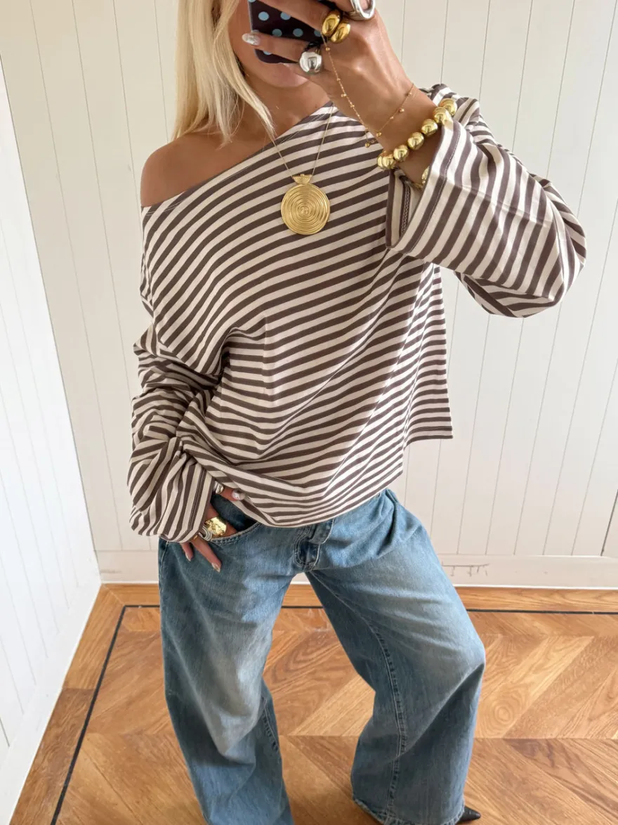 Design By Si Scandivv bluse med striber - Taupe/hvid Outlet
