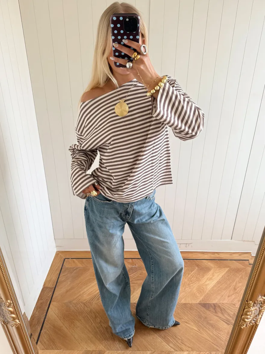 Design By Si Scandivv bluse med striber - Taupe/hvid Outlet