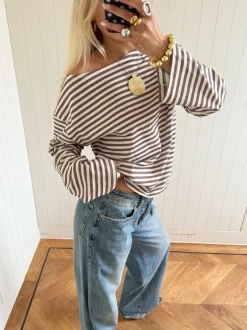 Design By Si Scandivv bluse med striber - Taupe/hvid Outlet