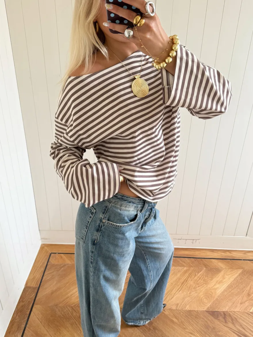 Design By Si Scandivv bluse med striber - Taupe/hvid Outlet