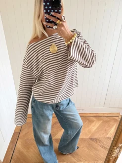 Design By Si Scandivv bluse med striber - Taupe/hvid Outlet
